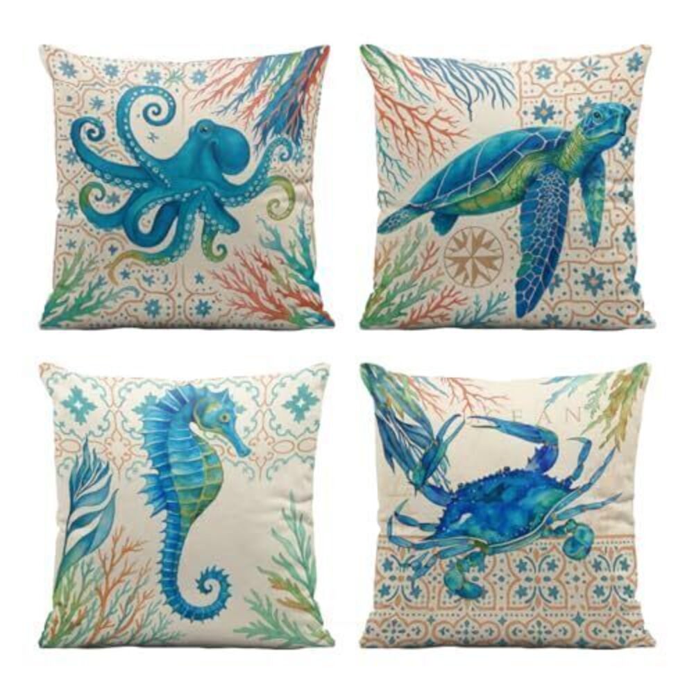 6787 Ocean Throw Pillow Covers 18x18 Set of 4 Blue Sea Turtle Seahorse Crab